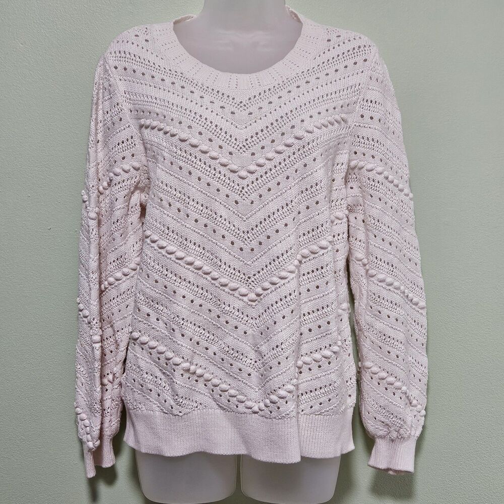 LOFT Textured Chevron Knit Sweater Large White Crew Neck Long Sleeve Cozy